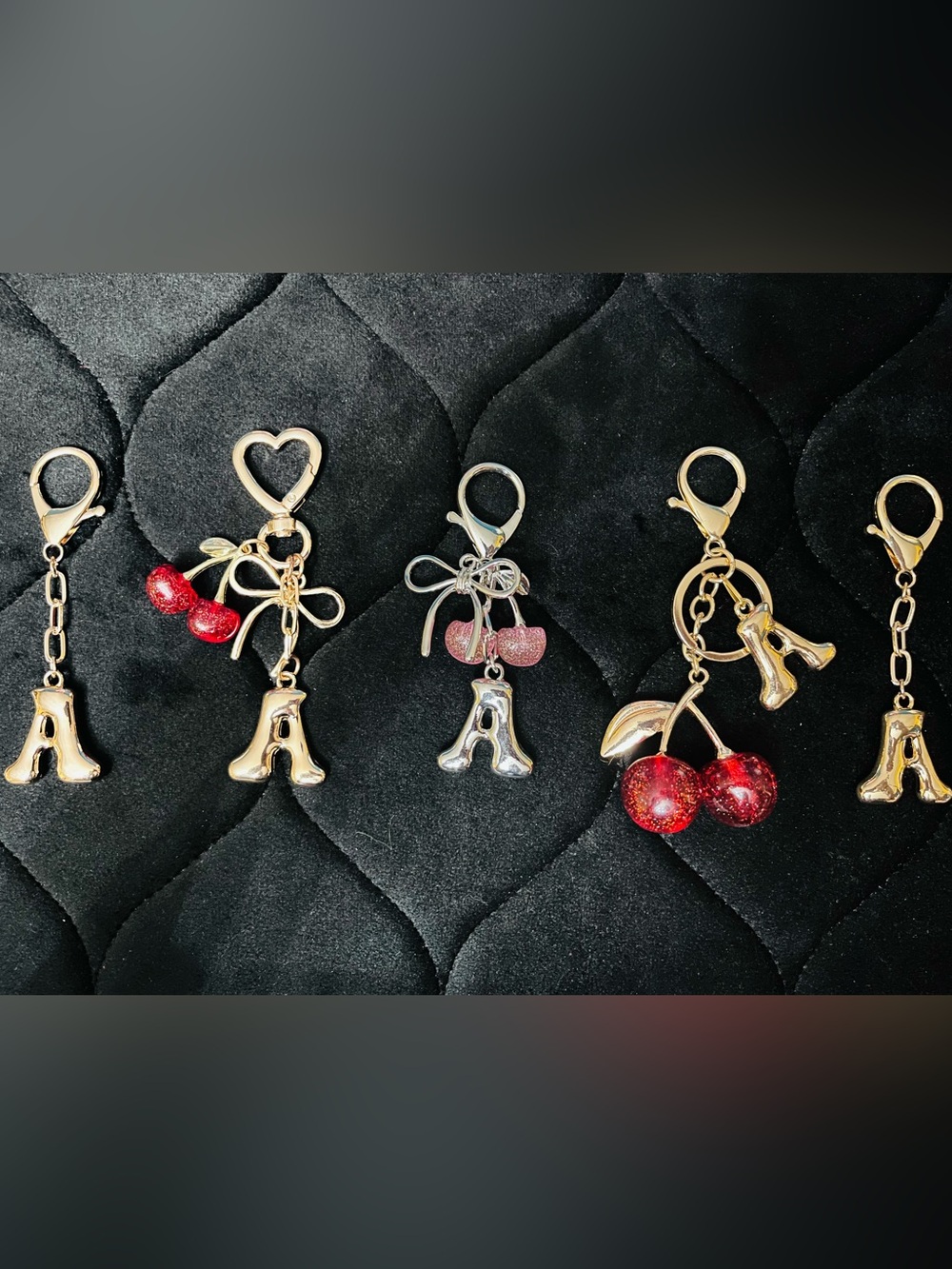 5 Initial ‘A’ & Cherries Bag Charms Bundle